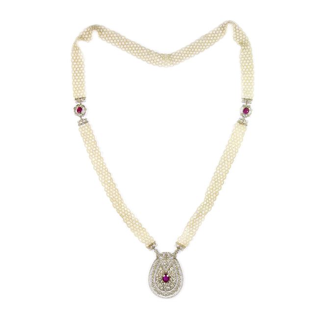 Edwardian Burma ruby, diamond and seed pearl pendant sautoir necklace, c.1905, | MasterArt